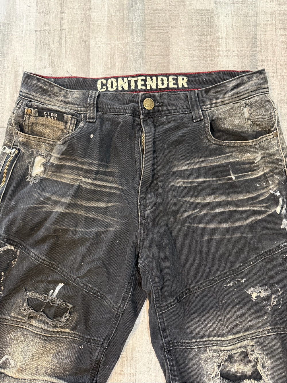 Contender CTDR Men’s 36 Black Distressed Denim Moto Shorts Zipper Y2K Jorts